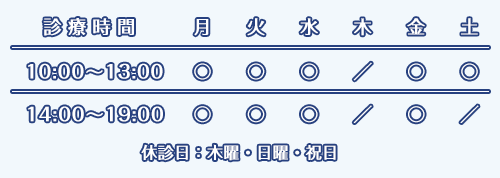 診療時間 10:00～13:00 / 14:00～19:00